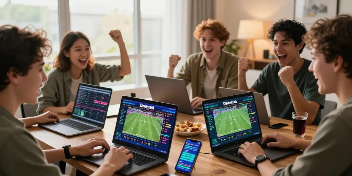Exciting live betting scene showcasing Link Resmi Sbobet Dewacash with enthusiastic gamblers using laptops and smartphones in a vibrant atmosphere.