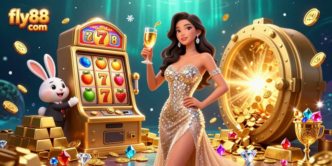 Engage in exciting gambling at fly88 com, featuring a luxurious jackpot slot machine and enchanting characters.