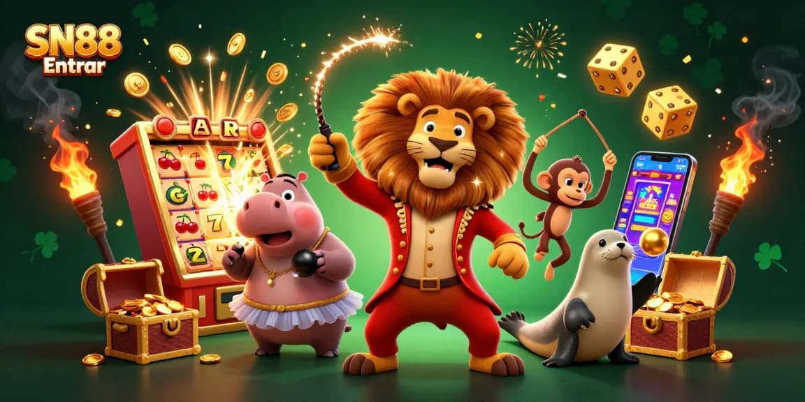 Play slots and win prizes with SN88 Entrar, featuring vibrant casino characters and exciting game elements.