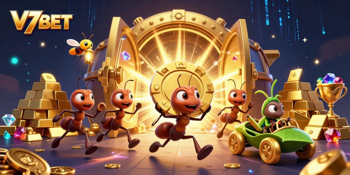 V7BET showcases a thrilling 3D illustration of animated ants heisting a giant poker chip in a vibrant casino scene.