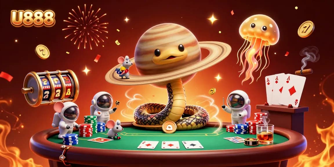 Experience thrilling bets at U888 with a vibrant casino scene showcasing energetic characters and colorful gaming elements.