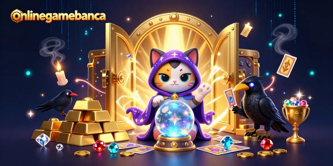 Experience excitement with onlinegamebanca featuring a mystical cat and vibrant treasure elements in a captivating casino scene.