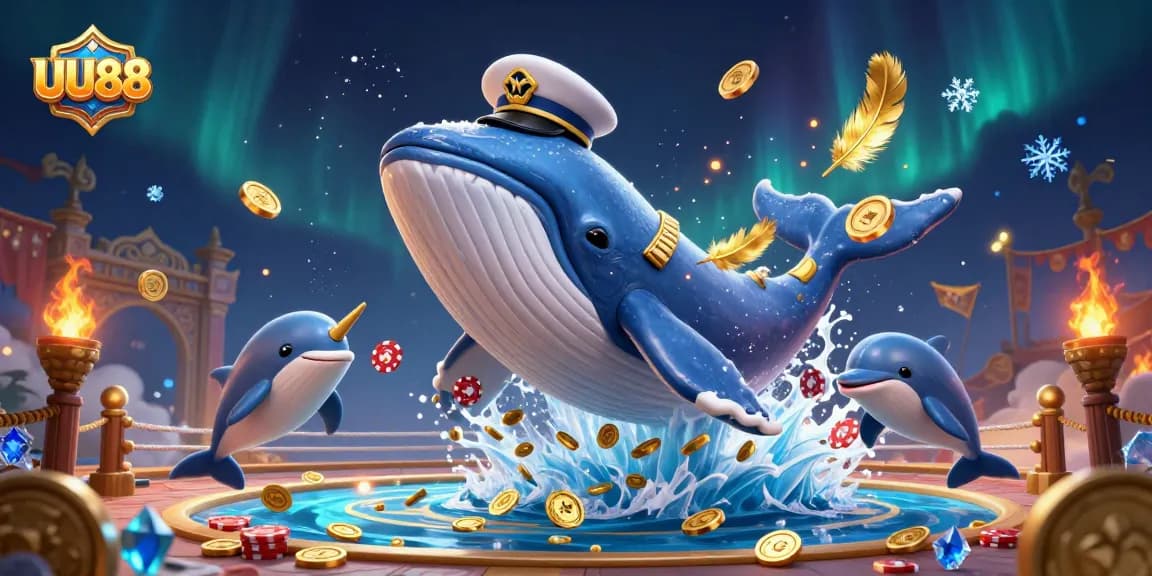 Engage in gambling adventures at UU88 with playful dolphins and a golden-horn narwhal in a treasure-filled scene.