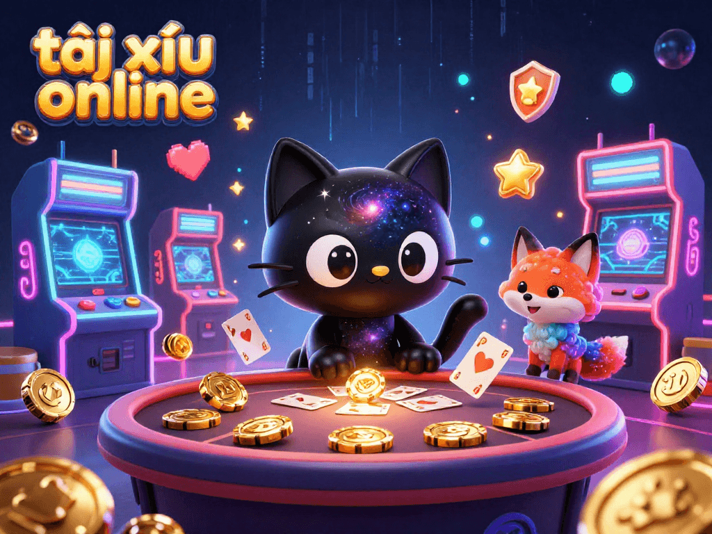 Experience the excitement of tài xỉu online with a cosmic cat and colorful fox at a vibrant casino.