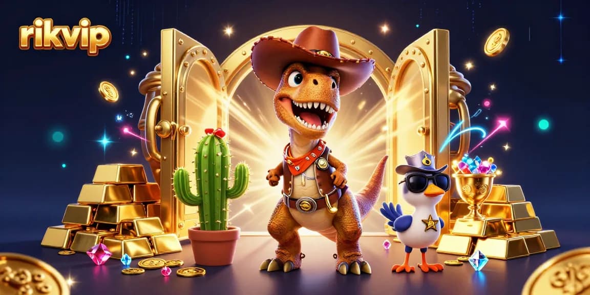 Experience the thrill of rikvip gaming with a dynamic 3D illustration of a cowboy dinosaur in an energetic casino scene.