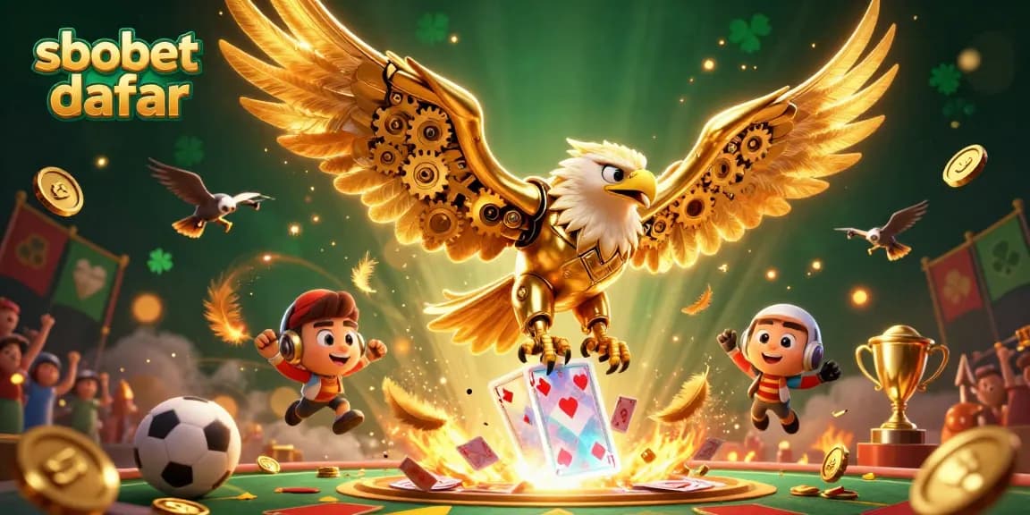 Experience sbobet daftar sports betting with a cybernetic eagle among holographic cards and gold coins.