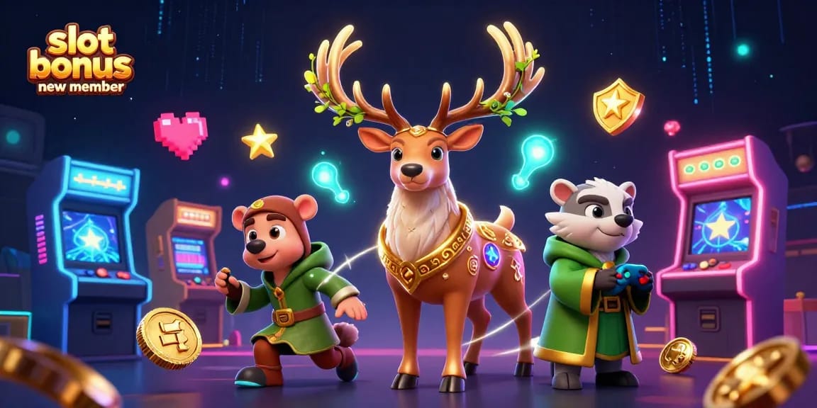 Spin and win with the slot bonus new member, featuring festive 3D characters and vibrant casino game elements.