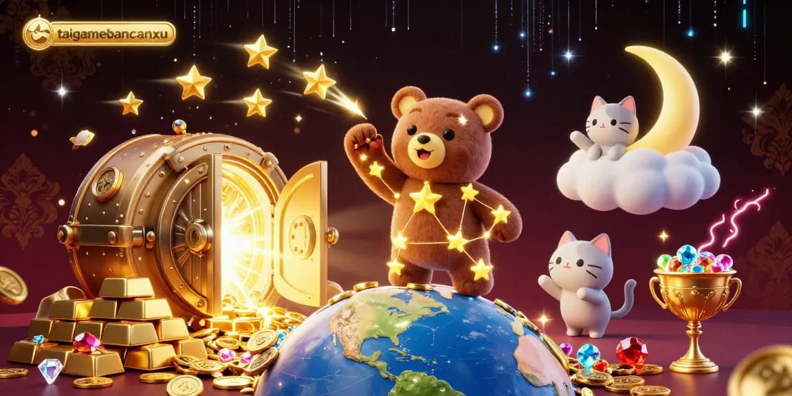 Experience taigamebancaanxu's magical world where golden constellations scoop riches in an enchanting casino scene.