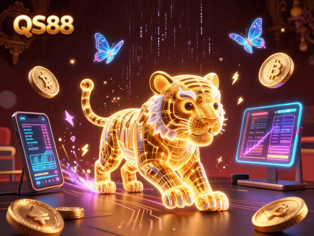 Experience the electrifying ambiance of QS88 with a golden tiger in a vibrant digital casino scene.
