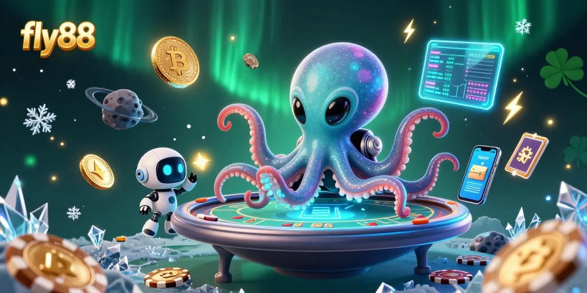 Engage in exciting gameplay with fly88 as an alien octopus runs a dazzling poker table amidst cosmic elements.