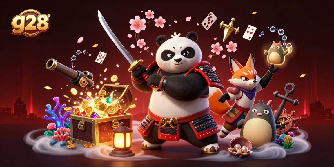 Experience the excitement of g28 with samurai panda and ninja fox amidst vibrant casino elements.