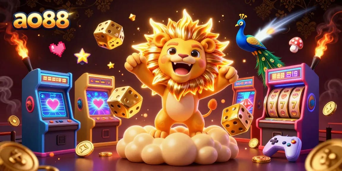 Experience ao88's thrilling atmosphere with a roaring lion, giant dice, and vibrant casino elements.