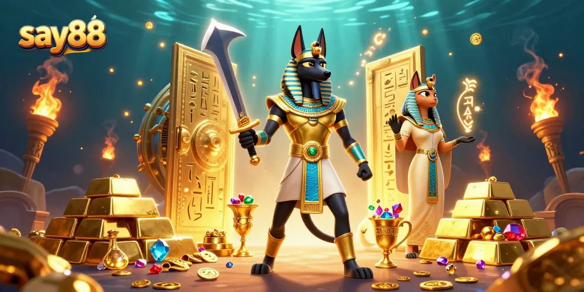 Experience gaming thrills with say88, featuring Anubis and Bastet amidst treasure and casino elements.