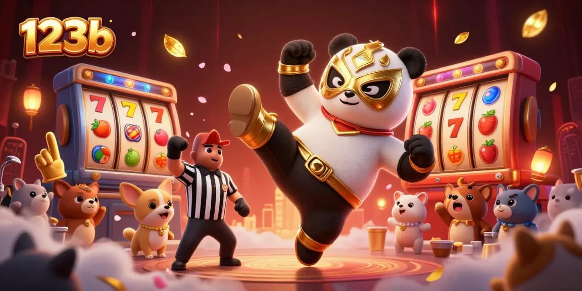 Experience thrilling gaming with 123b's vibrant scene featuring a wrestling panda and casino elements.