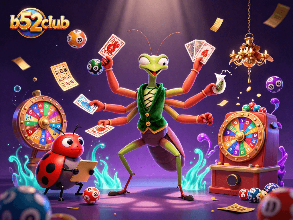 b52club vibrant scene showcasing a mantis dealer and ladybug pit boss amidst colorful lottery elements