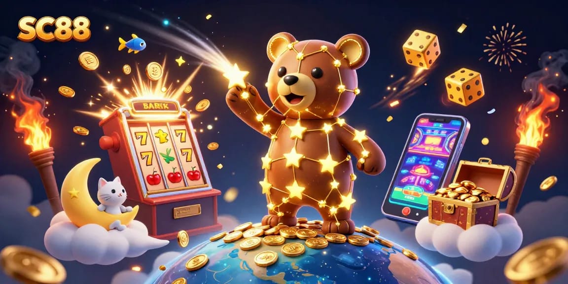 SC88 brings excitement with a constellation bear scooping coins, thrilling casino elements, and jackpot visuals.