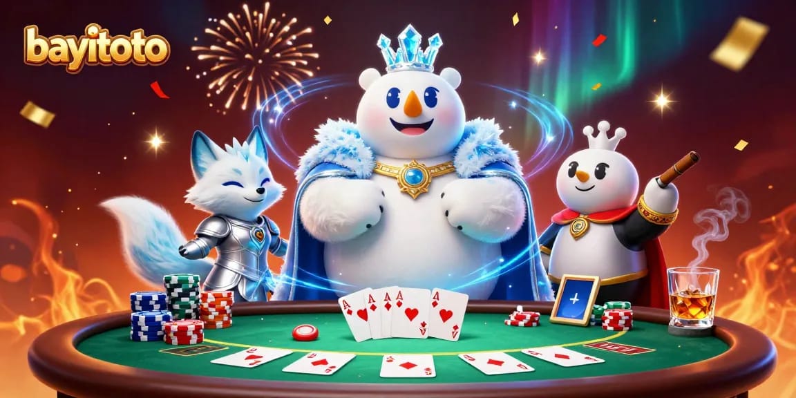 Experience the excitement of bayitoto with a vibrant scene of poker action and a majestic ice king.