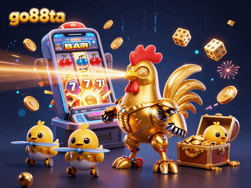 Experience go88ta's thrilling gaming scene with a laser-engraving rooster robot amidst jackpot excitement.