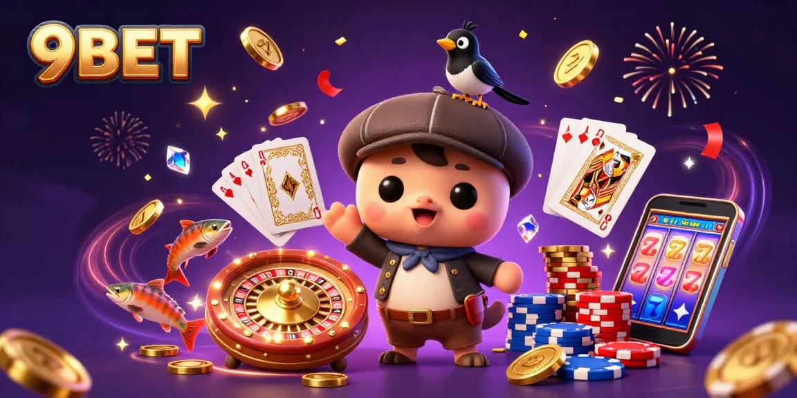 9BET showcases a vibrant scene with cartoon Nessie and friends amid golden coins and sparkling gems.