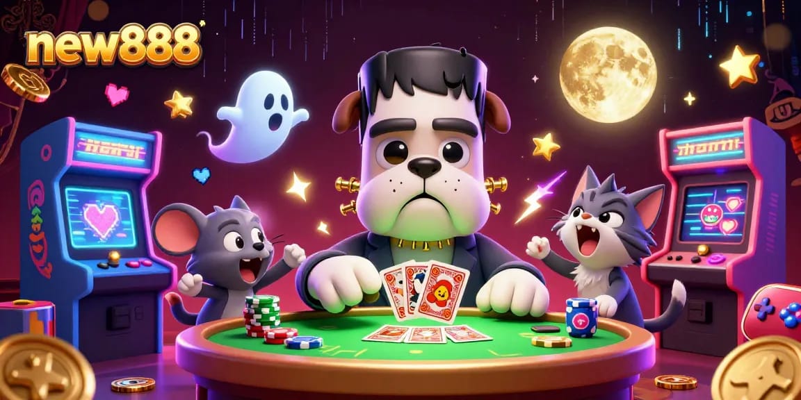 Experience thrilling gaming action at new888 with a cartoon bulldog dealer and whimsical casino elements.