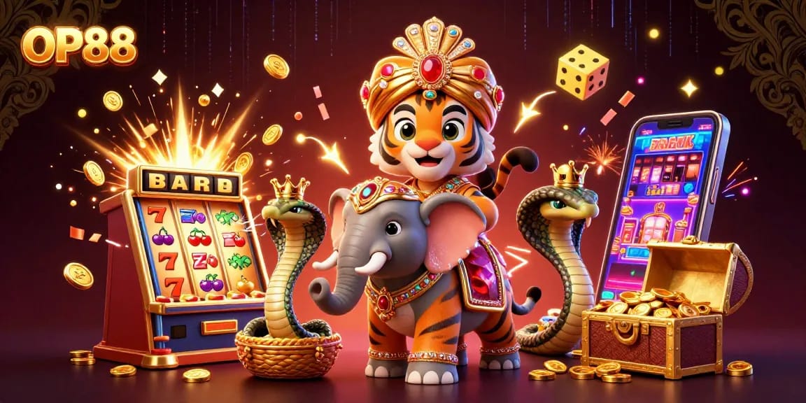 Experience thrilling jackpots at OP88 with vibrant 3D illustrations of exciting casino elements.