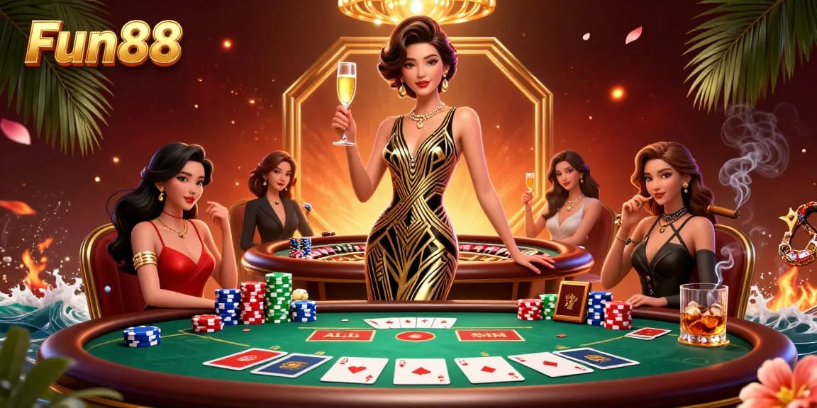 Experience the excitement of Fun88 with a glamorous Asian woman celebrating at a high-stakes poker table.