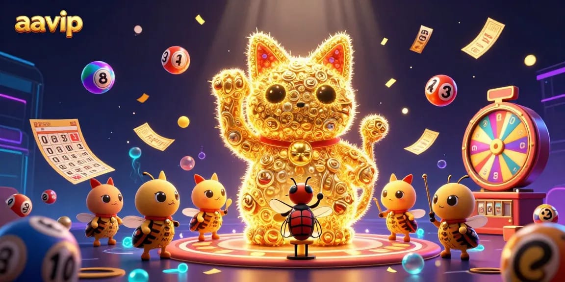 Experience thrilling gameplay at AAVIP with a dynamic scene featuring a lucky cat and casino symbols.