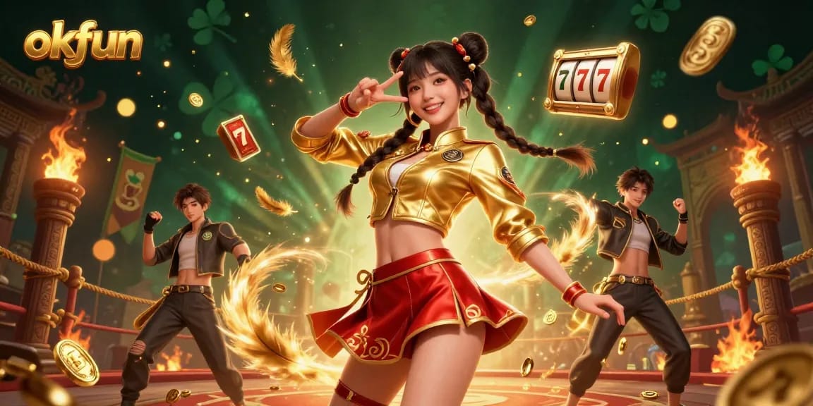 Spin and win with okfun's vibrant slot games showcased in an energetic 3D casino scene