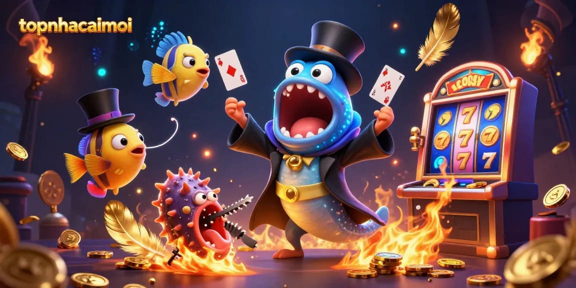 topnhacaimoi showcases a deep-sea eel magician performing card tricks in a lively casino scene.