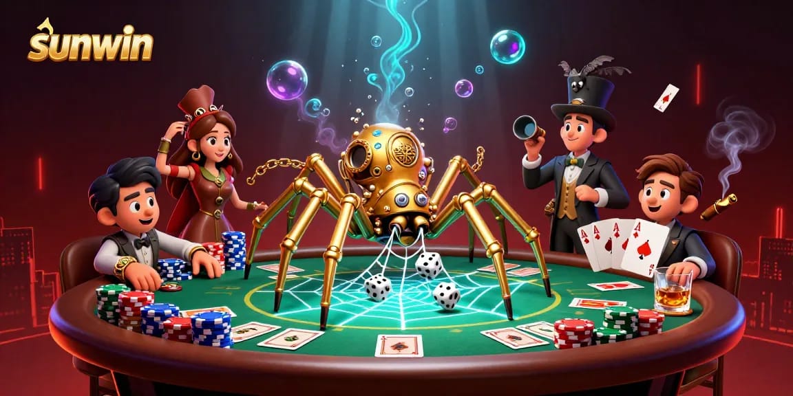 Spin the sunwin stakes with a golden spider making casino magic in this lively poker scene