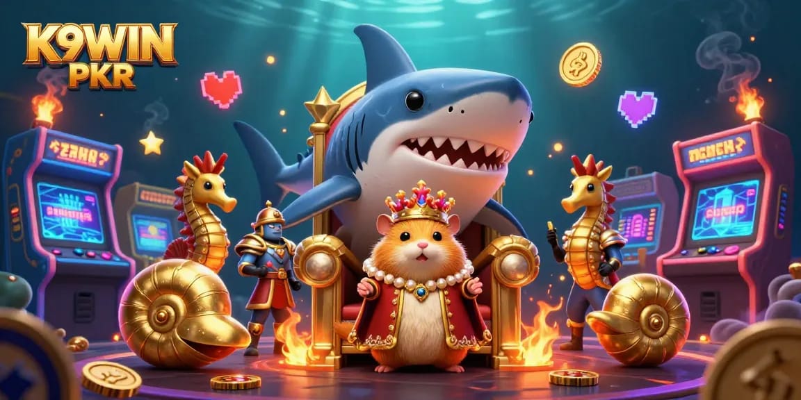 K9WIN PKR gaming scene showcasing a golden hamster king with royal guards in a vibrant casino environment filled with arcade elements.
