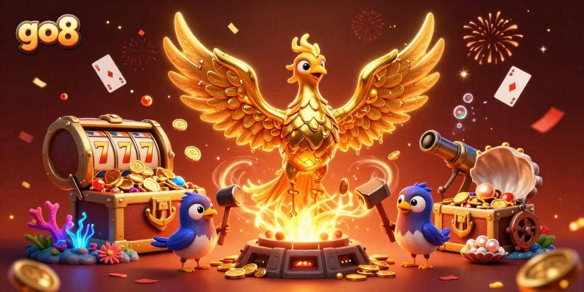 Go8 engages players with thrilling slots and jackpots under a mythical golden phoenix.