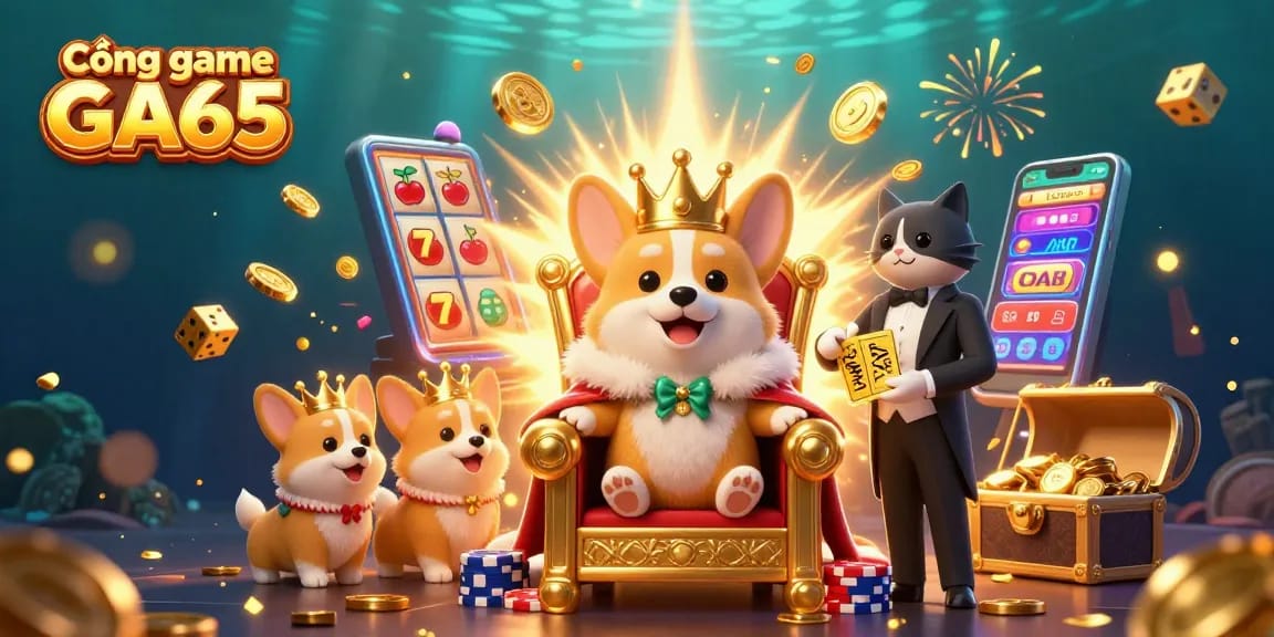 Cổng game GA65 offers an immersive experience with cartoon characters amid a vibrant casino scene featuring slot machines and poker elements.