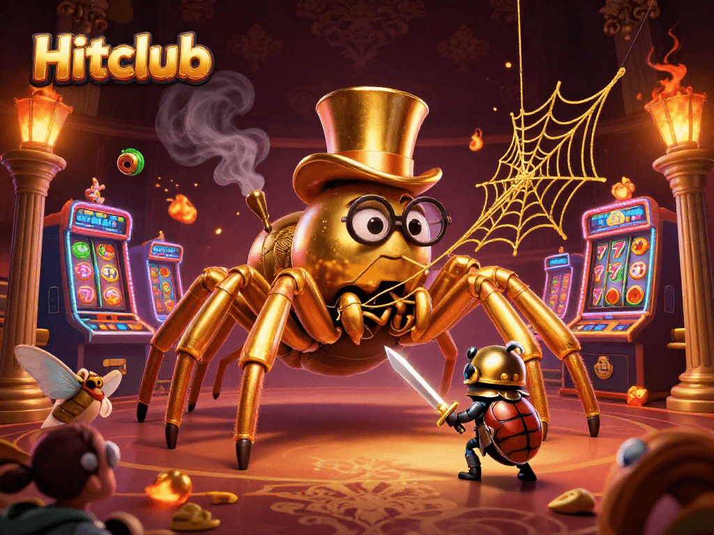 Hitclub slots scene with a giant golden tarantula, knights, and vibrant gaming elements in 3D