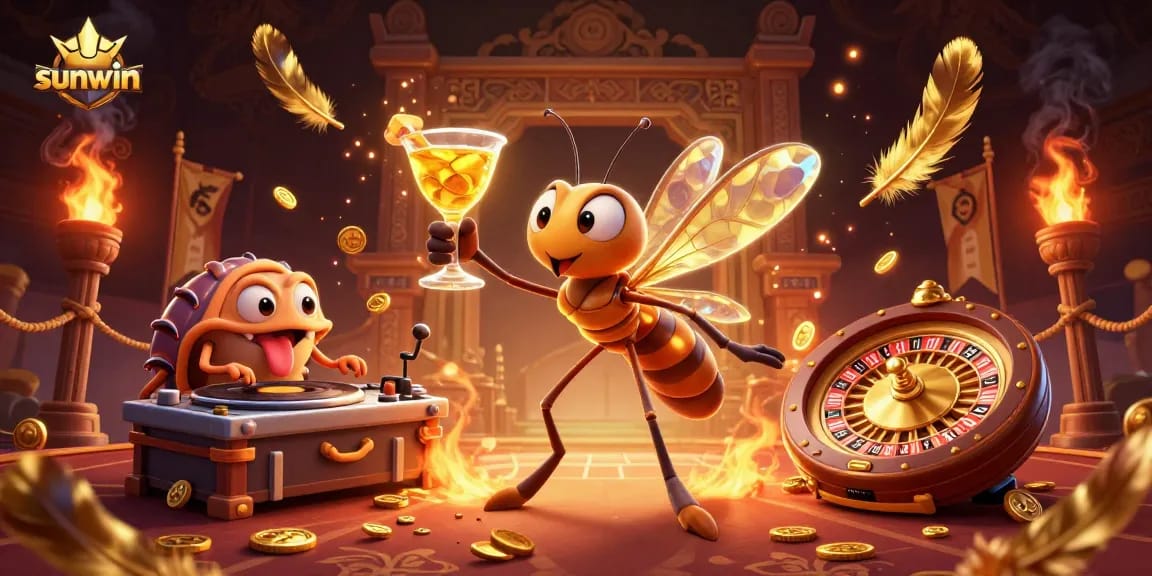 Experience the thrill of sunwin as a cartoon mosquito mascot sips a golden cocktail in a vibrant casino scene.