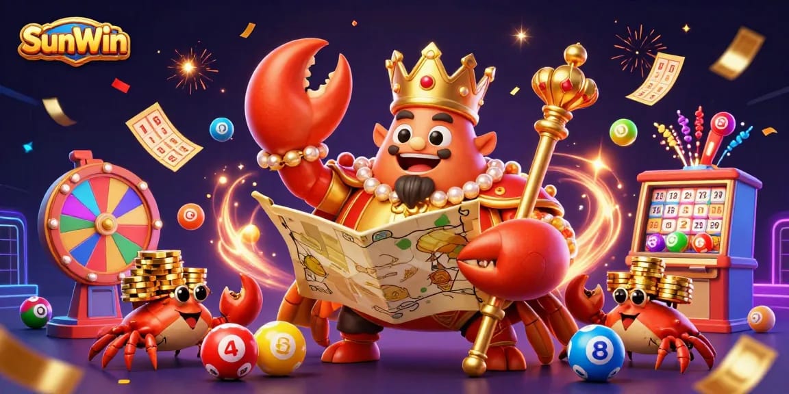 Experience exciting gaming adventures at SunWin with vibrant bingo elements and a majestic crab emperor.
