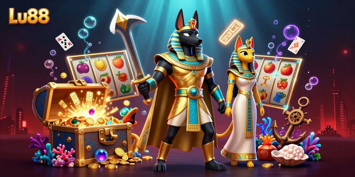 Experience thrilling slot excitement at Lu88 with vibrant gaming symbols and rich 3D characters.