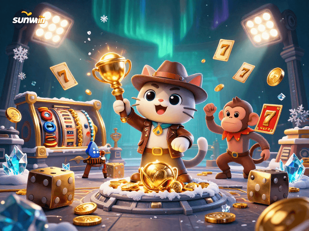 sunwin showcases vibrant 3D casino exploration with a cat archaeologist uncovering treasures amidst dynamic gaming elements.