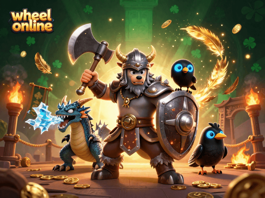Engage in wheel online with a Viking wolf warrior, dragon, and raven in a dynamic casino scene.