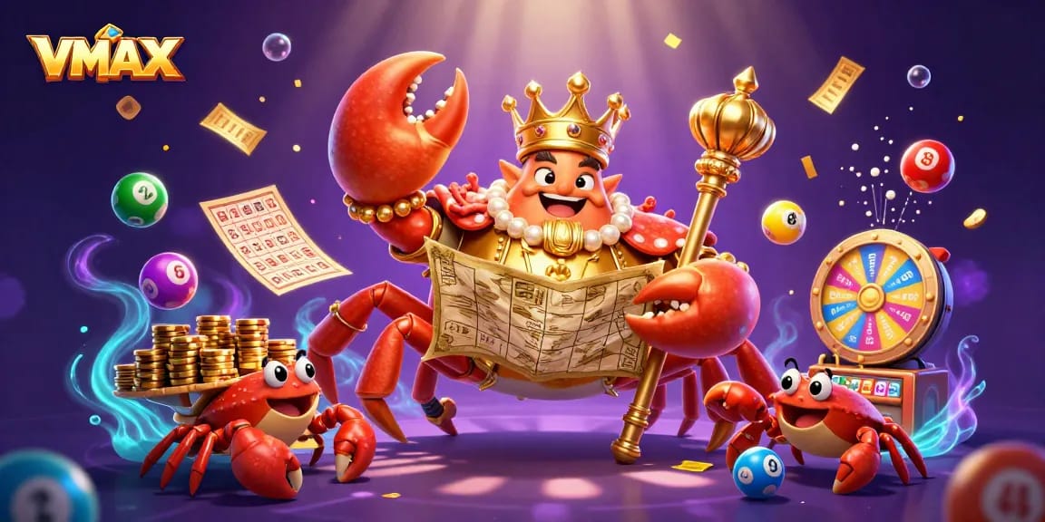 Experience thrilling gambling action with VMAX's vibrant 3D crab emperor and energetic game elements.