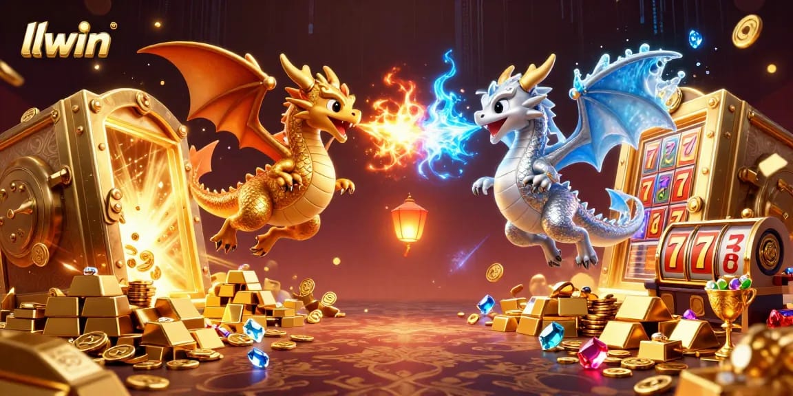 Experience exhilarating gaming action with llwin's 3D dragons amid glittering golden treasures and vibrant casino elements.