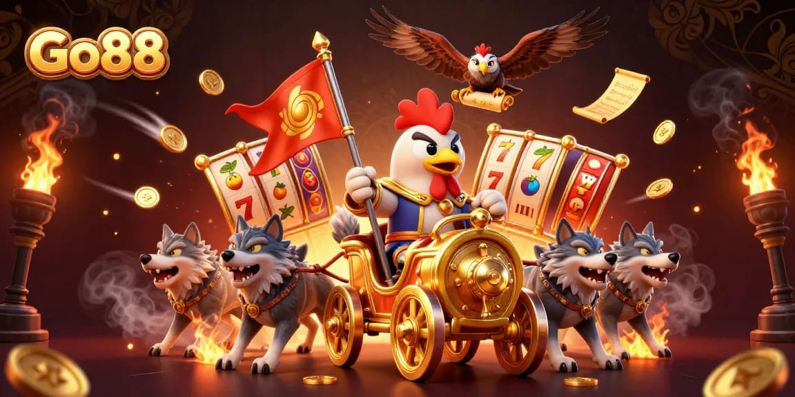 Go88 features a dynamic slot game scene with a rooster warlord and vibrant casino elements.