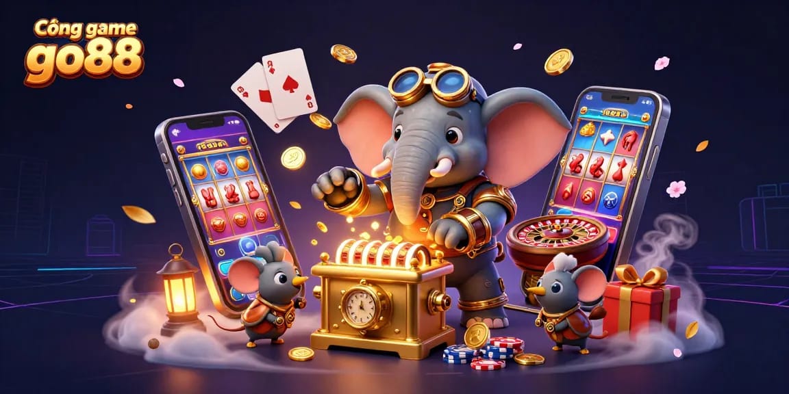 Cổng game go88 offers an exciting gambling scene with steampunk characters enjoying slot machines and vibrant game elements.