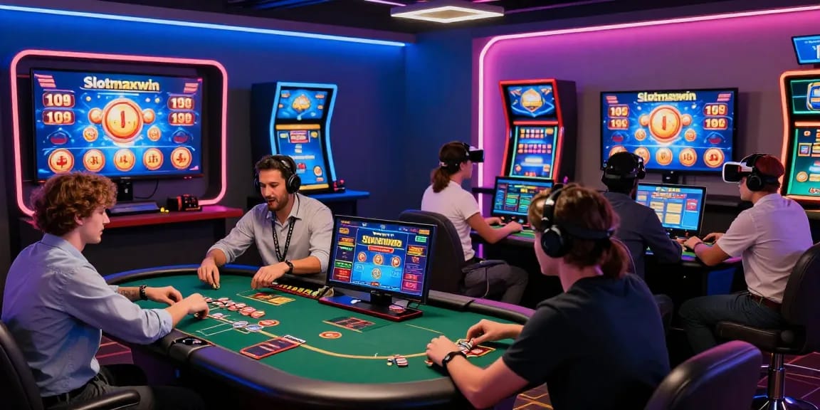 Excited players engaging with Slotmaxwin games in a vibrant online casino atmosphere.