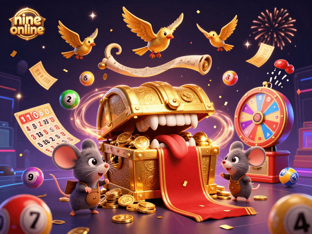Win big with nine online as colorful lottery balls and confetti fill the air in this vibrant gaming scene.