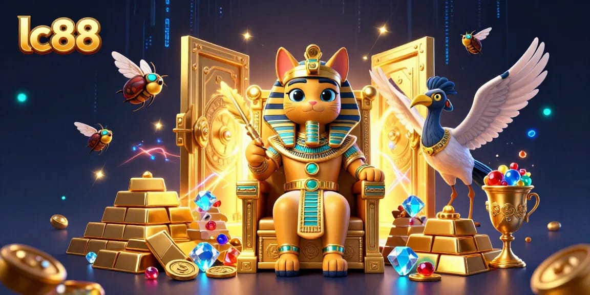 Experience thrilling gaming adventures at lc88 with a vibrant 3D casino illustration full of treasures.