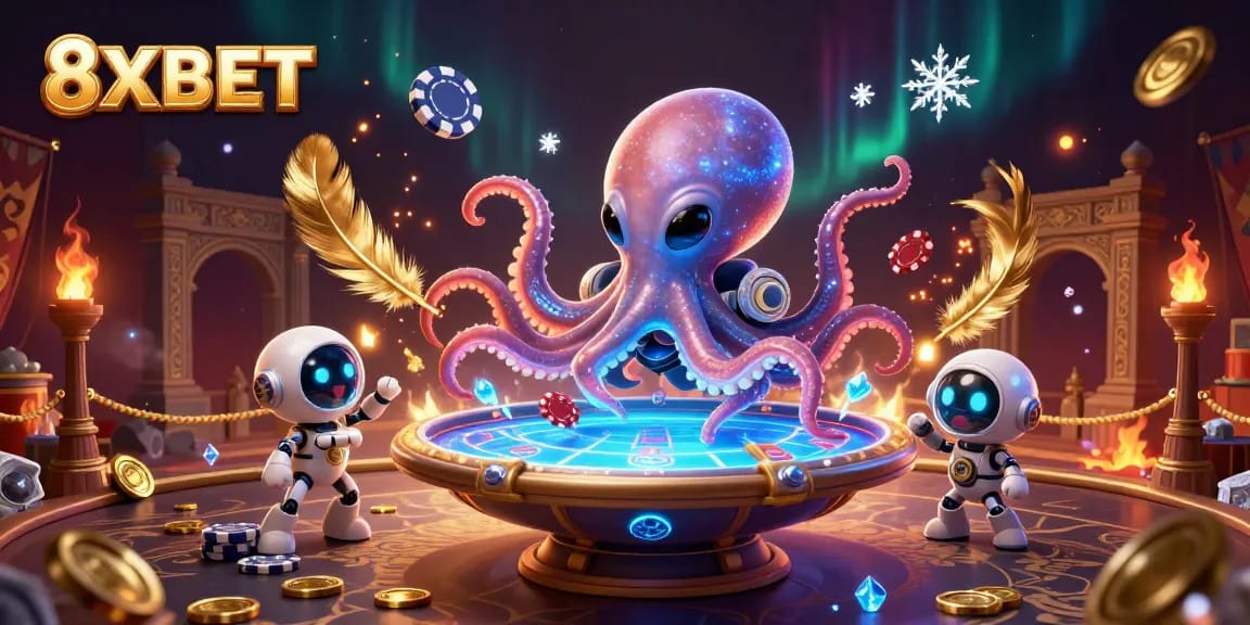 Experience thrilling poker action with 8XBET's alien octopus managing a holographic game.