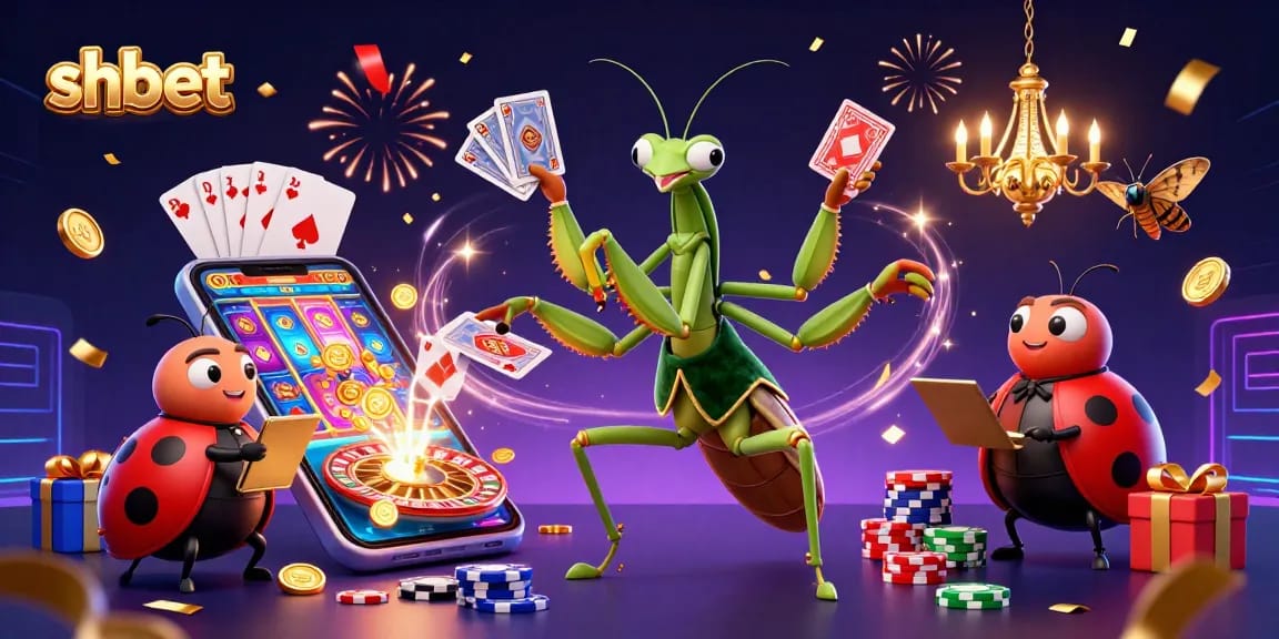 shbet showcases a vibrant casino scene with characters dealing cards, pouring champagne, and exciting game elements.