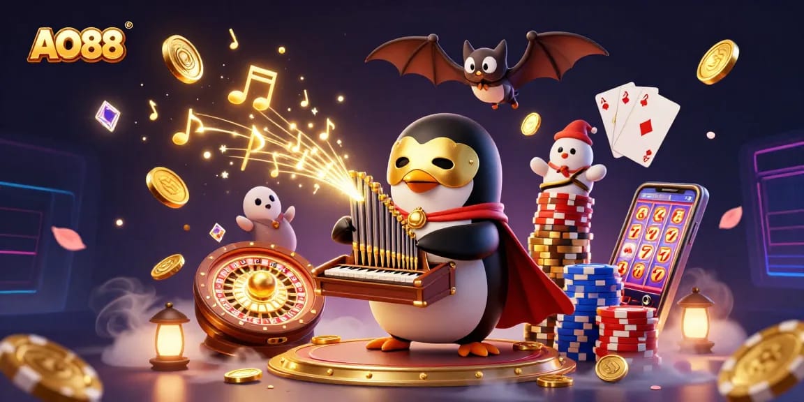 Engage with AO88's thrilling gaming experience featuring exciting casino elements in a vibrant 3D scene.