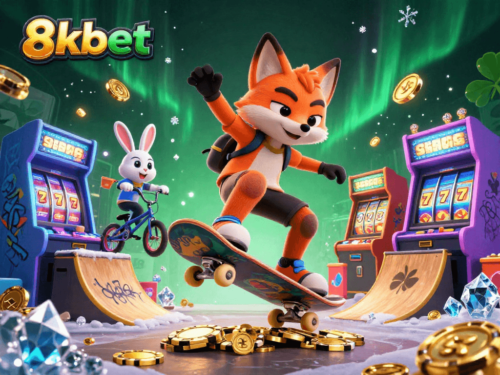 Experience thrilling moments with 8kbet as animated fox and rabbit showcase casino excitement.